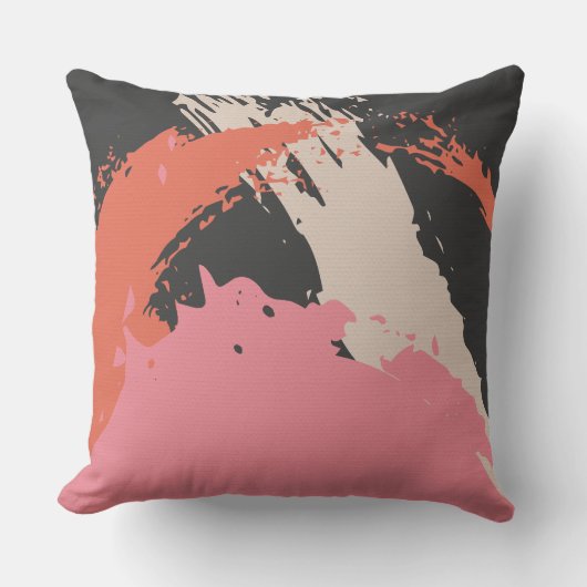 Modern Brushstrokes - Pink, Peach & Black on Beige クッション (正面)