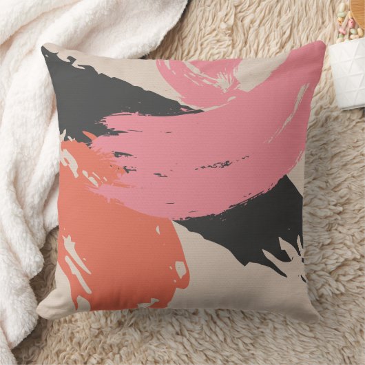 Modern Brushstrokes - Pink, Peach & Black on Beige クッション (ブランケット)