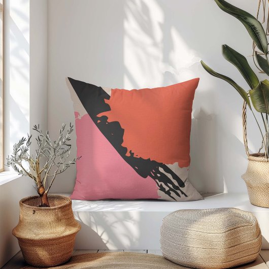 Modern Brushstrokes - Pink, Peach & Black on Beige クッション