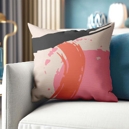 Modern Brushstrokes - Pink, Peach & Black on Beige クッション