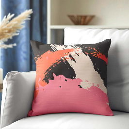 Modern Brushstrokes - Pink, Peach & Black on Beige クッション