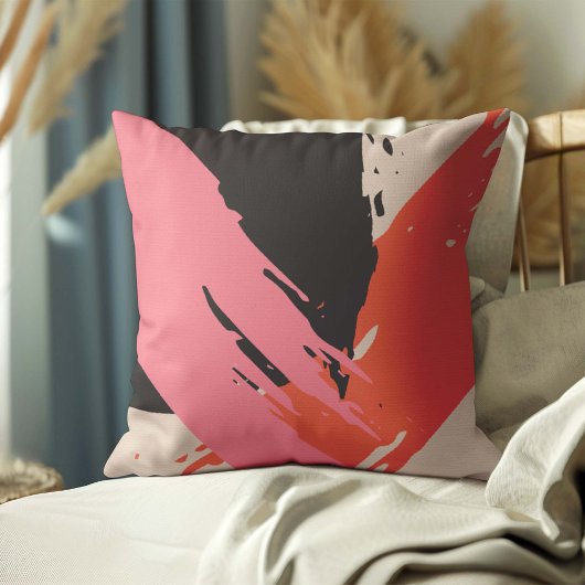 Modern Brushstrokes - Pink, Peach & Black on Beige クッション