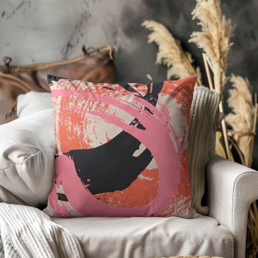 Modern Brushstrokes - Pink, Peach & Black on Beige クッション