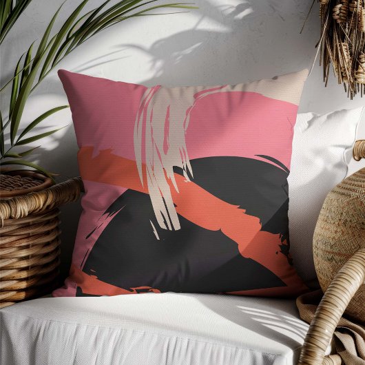 Modern Brushstrokes - Pink, Peach & Black on Beige クッション
