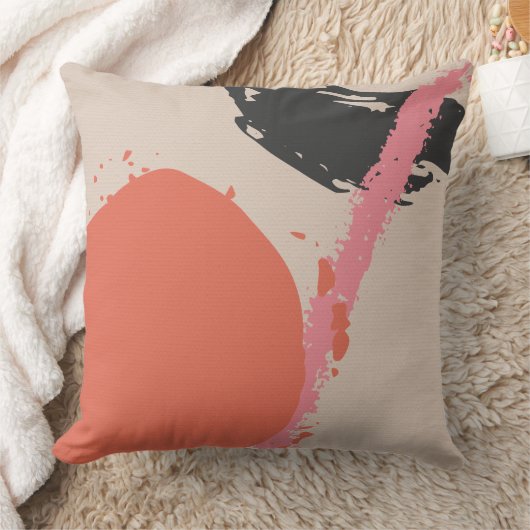 Modern Brushstrokes - Pink, Peach & Black on Beige クッション (ブランケット)