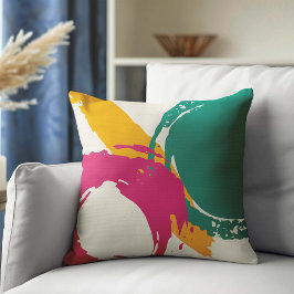 Modern Brushstrokes - Pink, Teal & Yellow on Cream クッション
