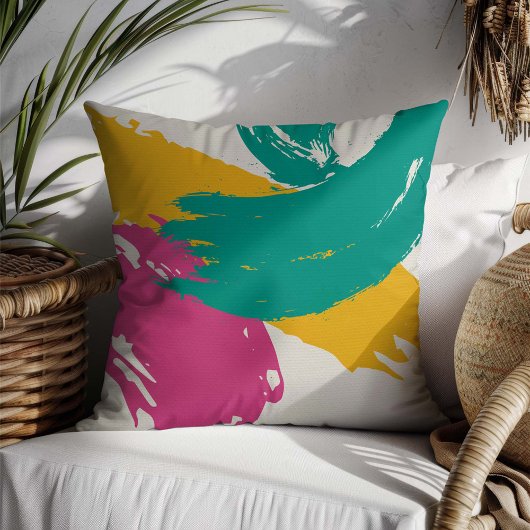 Modern Brushstrokes - Pink, Teal & Yellow on Cream クッション