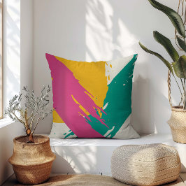 Modern Brushstrokes - Pink, Teal & Yellow on Cream クッション