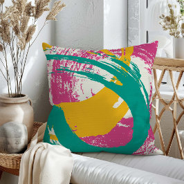 Modern Brushstrokes - Pink, Teal & Yellow on Cream クッション