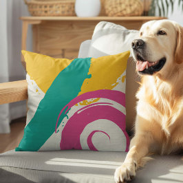 Modern Brushstrokes - Pink, Teal & Yellow on Cream クッション