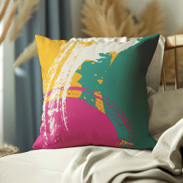Modern Brushstrokes - Pink, Teal & Yellow on Cream クッション