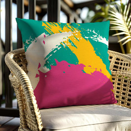 Modern Brushstrokes - Pink, Teal & Yellow on Cream クッション