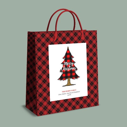 Modern buffalo plaid Christmas gift bag editable ミディアムペーパーバッグ