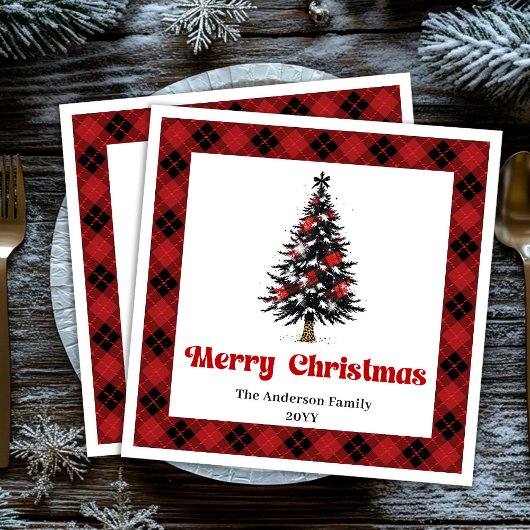 Modern Buffalo Plaid Tree Christmas Napkin