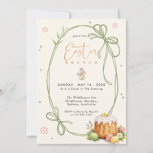 Modern Bunny Bow Egg Hunt Easter Brunch  招待状 (正面)