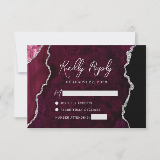 Modern Burgundy Agate Silver Script Wedding RSVP (正面)