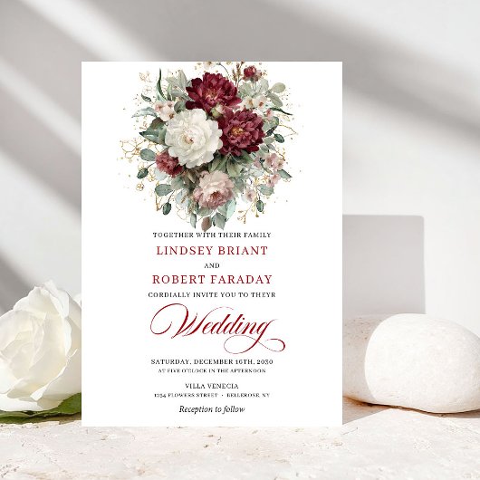 Modern Burgundy and White Flowers Wedding Invite 招待状