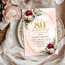 Modern Burgundy Blush Floral 80th Birthday Invite 招待状