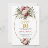 Modern Burgundy Blush Greenery Gold Sweet Sixteen 招待状 (正面)