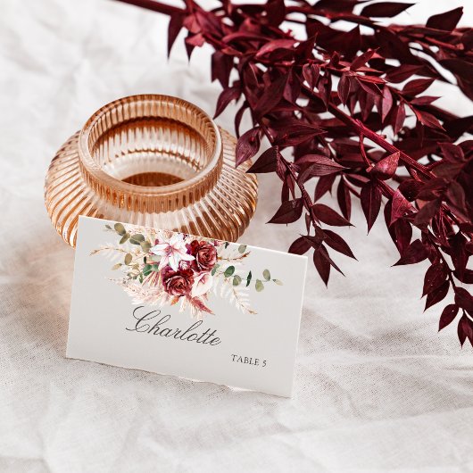 Modern Burgundy Boho Flat Wedding Place Card  プレイスカード