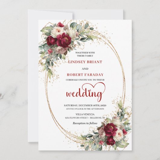 Modern Burgundy Boho Floral Wedding Invitation 招待状 (正面)