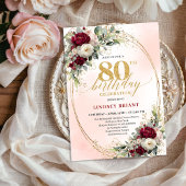 Modern Burgundy Boho Flowers 80th Birthday Invite 招待状