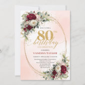 Modern Burgundy Boho Flowers 80th Birthday Invite 招待状 (正面)