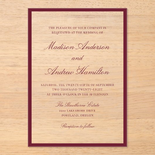 Modern Burgundy Border Wedding アクリル招待状 (正面)