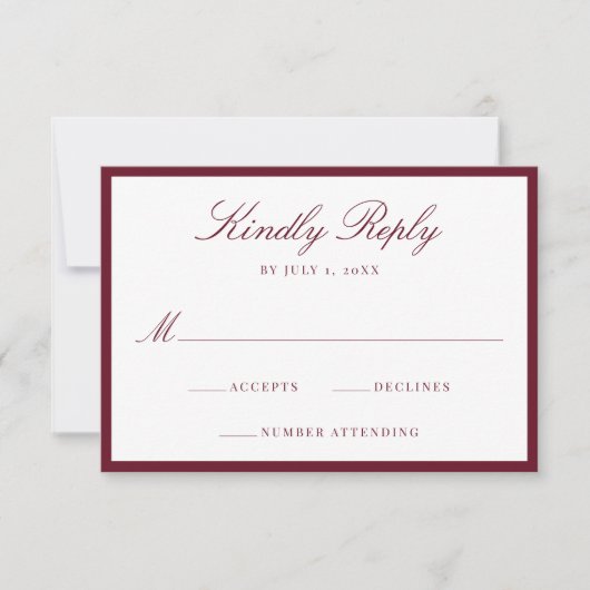 Modern Burgundy Border Wedding 出欠カード (正面)