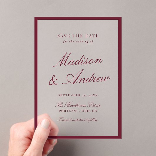 Modern Burgundy Border Wedding Save the Date アクリル招待状 (インサイチュ (ポータブル))