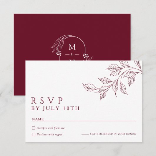Modern Burgundy Botanical Wedding RSVP Cards (正面/裏面)