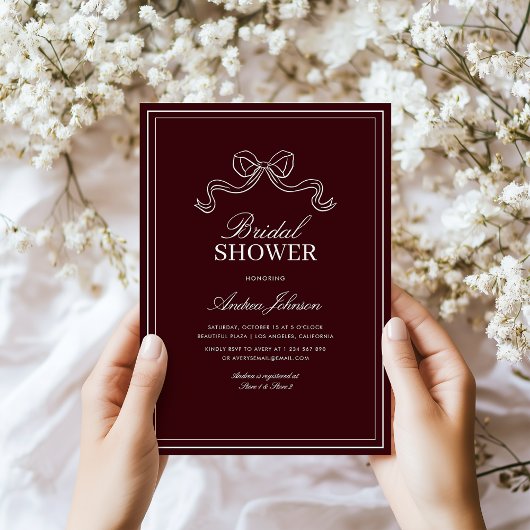 Modern Burgundy Bow Elegant Timeless Bridal Shower 招待状