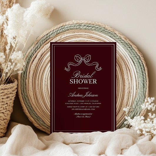 Modern Burgundy Bow Elegant Timeless Bridal Shower 招待状