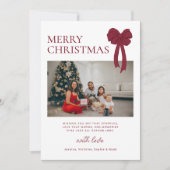 Modern Burgundy Bow Photo Christmas シーズンカード (正面)