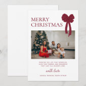 Modern Burgundy Bow Photo Christmas シーズンカード (正面/裏面)
