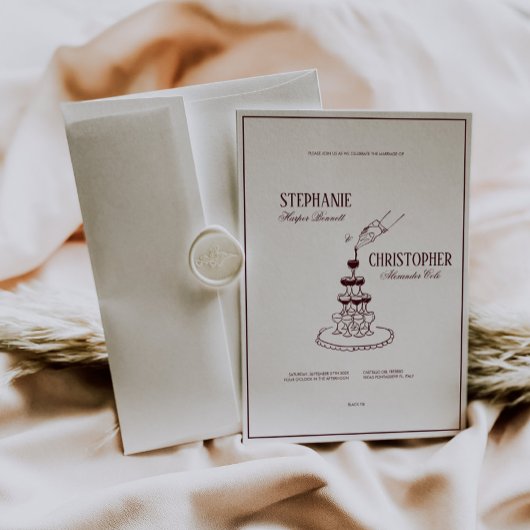 Modern Burgundy Champagne Tower Wedding Invitation 招待状