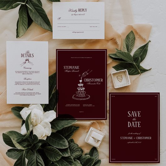 Modern Burgundy Champagne Tower Wedding Invitation 招待状