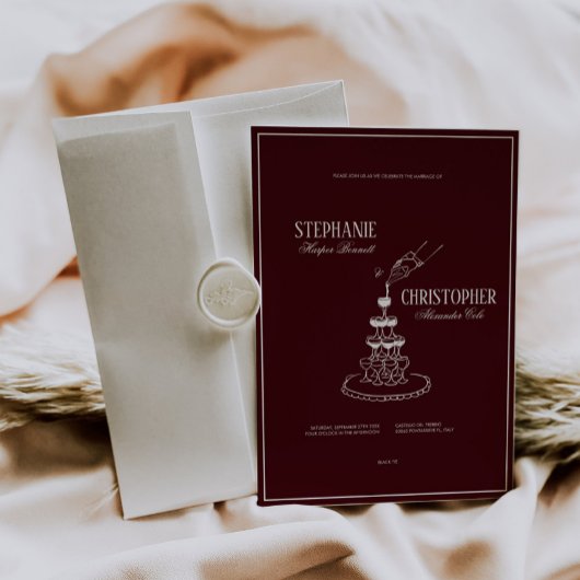 Modern Burgundy Champagne Tower Wedding Invitation 招待状