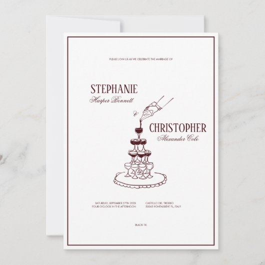 Modern Burgundy Champagne Tower Wedding Invitation 招待状 (正面)