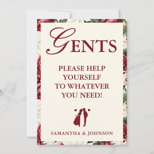 Modern Burgundy Floral Gents Bathroom Basket Sign 招待状 (正面)