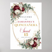 Modern Burgundy Floral Gold Boho Quinceanera Welco ポスター (正面)