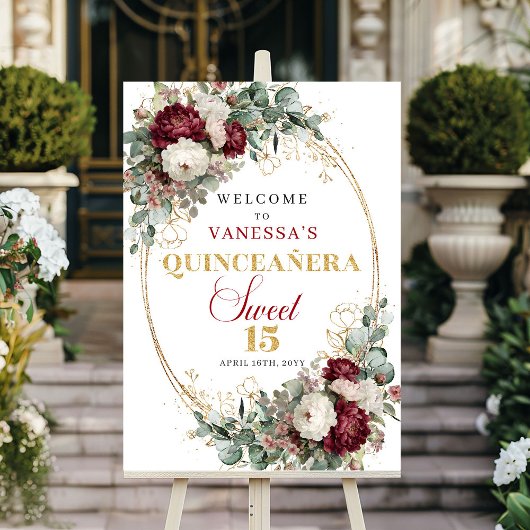 Modern Burgundy Floral Gold Boho Quinceanera Welco ポスター
