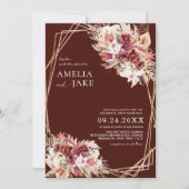 Modern Burgundy Floral Gold Geometric Wedding  招待状 (正面)