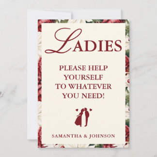 Modern Burgundy Floral Ladies Bathroom Basket Sign 招待状