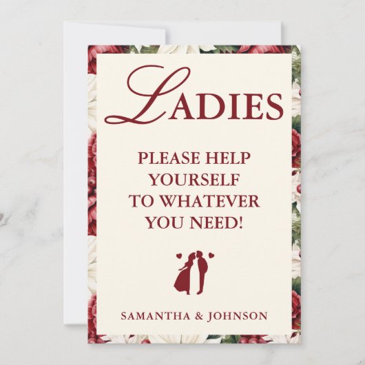 Modern Burgundy Floral Ladies Bathroom Basket Sign 招待状 (正面)