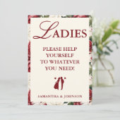 Modern Burgundy Floral Ladies Bathroom Basket Sign 招待状 (スタンド正面)