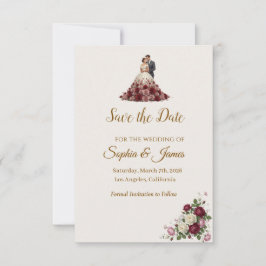 Modern Burgundy Floral Save the Date Card  セーブザデート