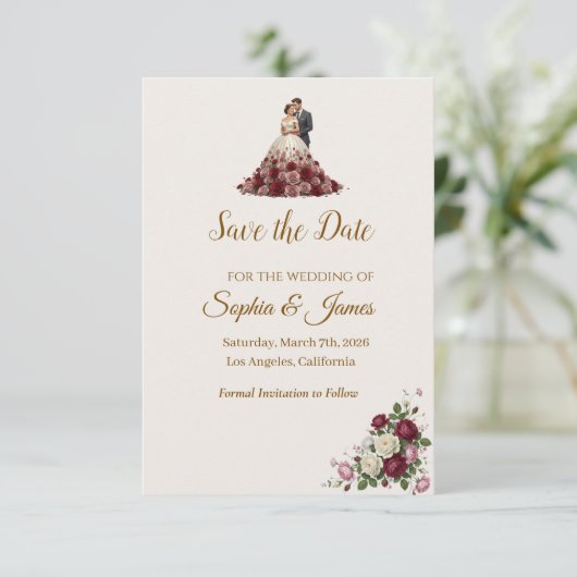 Modern Burgundy Floral Save the Date Card  セーブザデート (スタンド正面)