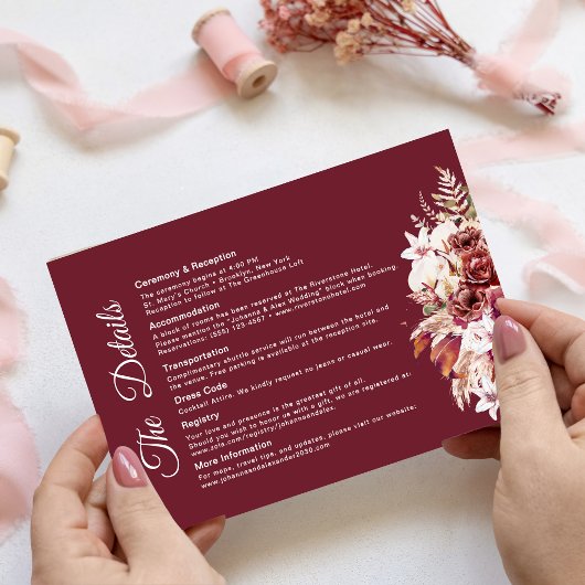 Modern Burgundy Floral Wedding Details  エンクロージャーカード