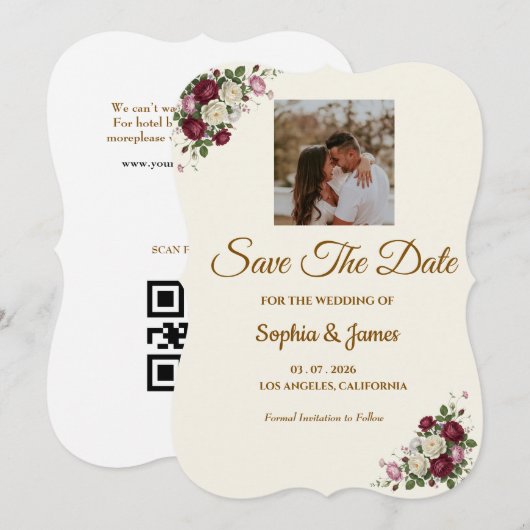 Modern Burgundy Floralm Photo Save the Date card (正面/裏面)